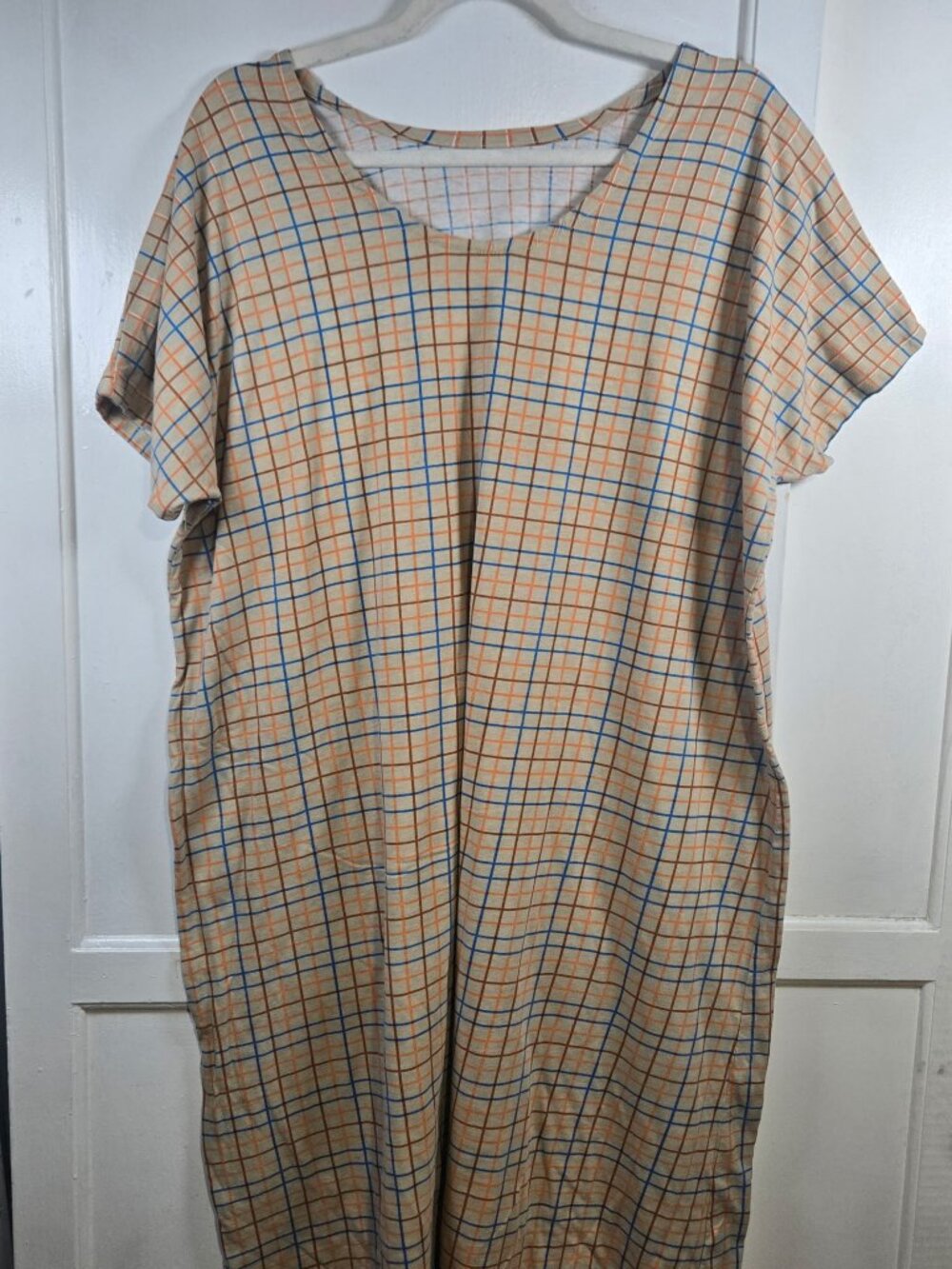 Womens Beige Orange Blue Plaid Check Maxi Dress Square Neck Short Sleeve